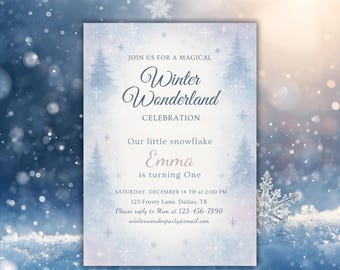 Winter Wonderland Birthday Invitation: Snowflake Party (Editable Canva Template)