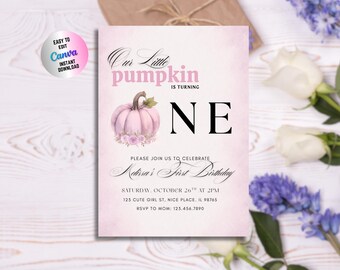 Pumpkin First Birthday Invitation: Watercolor Floral (Digital Download)