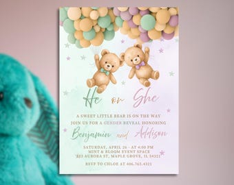 Teddy Bear Gender Reveal Invitation | He or She Invite | Editable Template | Instant Download
