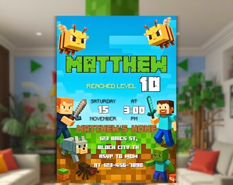 Block World Birthday Invitation • Pixel Game Party Template • Editable Kids Invite