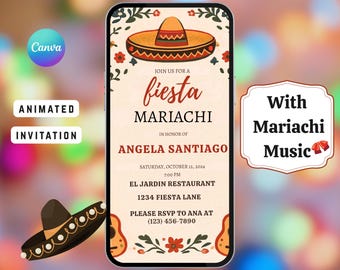 Mariachi Digital Invitation | Animated Mexican Fiesta Birthday Invite | Editable Video for WhatsApp | Instant Download