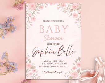 Pink Floral Baby Shower Invitation: Watercolor Design | Digital Download