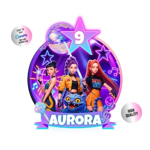 Pode incluir: Ilustração digital com três personagens femininas com roupas coloridas, em um fundo roxo e rosa. A palavra "AURORA" é exibida em uma faixa, com o texto "EASY TO EDIT CANVA INSTANT DOWNLOAD" e "HIGH QUALITY".