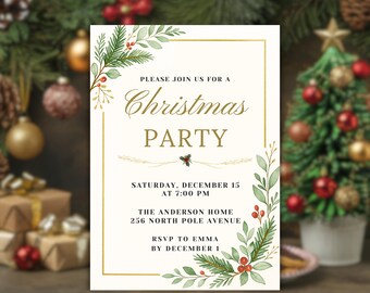 Elegant Christmas Party Invitation Template | Holiday Botanical Invite | Editable Festive Card | Printable Xmas Invitation