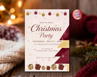 Elegante uitnodiging kerstfeest | Uitnodiging feestelijke vakantieviering | Bewerkbare sjabloon
