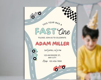 Fast One Race Car Birthday Invitation | Editable First Birthday Invite | Digital Kids Party Template