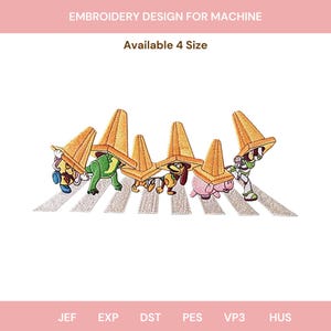 May include: Machine embroidery design featuring cartoon characters wearing orange traffic cones, crossing a zebra crossing. The design includes the text "Embroidery Design for Machine" and "Available 4 Size".