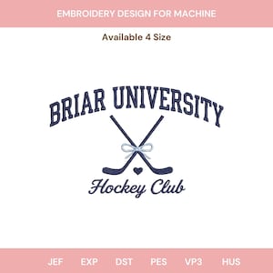 以下が含まれることがあります： ミシン刺繍のデザインで、紺色の「BRIAR UNIVERSITY」の文字が、水色のリボンで結ばれたクロスしたホッケーのスティックの上にあります。スティックの下には「Hockey Club」の文字があります。デザインは4サイズで利用可能です。