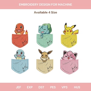 Puede incluir: Diseño de bordado a máquina con seis personajes de dibujos animados en bolsillos de colores. Los bolsillos son rojos, verdes, amarillos, azules, beige y rosas. El texto "Embroidery Design for Machine" y "Available 4 Size" está en la parte superior.