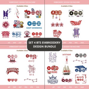 Op de afbeelding: Een digitale collectie van BTS-borduurontwerpen voor machines, met diverse logo's, karakters, bloemmotieven, walvissen, schepen en teksten zoals Arirang en Keep Swimming in rood, blauw, paars en zwart op een witte achtergrond.