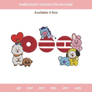 May include: Embroidery design for machine with text Available 4 Size. Features cartoon characters including a red heart, white creature, brown round figure, blue creature, pink rabbit, yellow hooded figure, and blue koala with red circular shapes.
