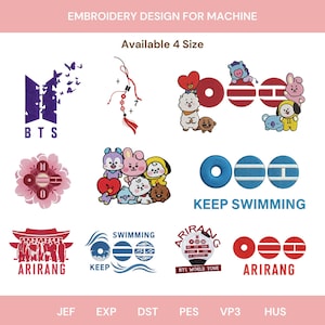 Op de afbeelding: Een digitale borduurontwerpcollectie voor machines met diverse grafische motieven, waaronder het BTS-logo met vlinders, stripfiguren, Arirang-tekst en zwemthema's. Bestandsformaten zoals JEF, EXP, DST, PES, VP3 en HUS zijn vermeld.