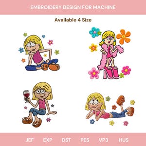 Peut inclure: Quatre motifs de broderie machine représentant un personnage blond dans diverses poses avec des fleurs colorées. L'un montre le personnage assis, un debout avec un boa rose et des chaussures à plateforme, un tenant un verre de vin et un allongé. Texte : EMBROIDERY DESIGN FOR MACHINE et Available 4 Size.