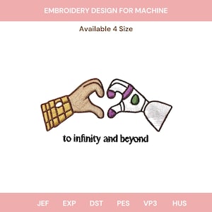 May include: An embroidery design for machine featuring two hands forming a heart shape. One hand has a yellow plaid sleeve, the other a white, purple, and green robotic sleeve. Below the hands is the text to infinity and beyond.