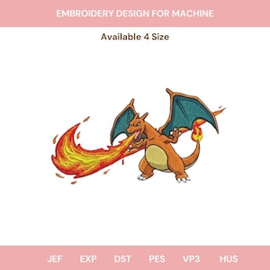 May include: An embroidery design for a machine featuring a cartoon dragon in shades of orange, yellow, and teal, breathing fire. The design is available in four sizes. The text "EMBROIDERY DESIGN FOR MACHINE" is at the top.