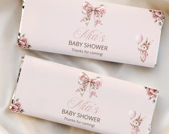 Envoltorio de chocolate con diseño de conejito floral para baby shower, plantilla editable de Canva (descarga digital) PB028