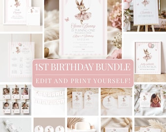 „Ein Hase wird ein Jahr“-Paket, Vorlage für eine rosa Hasen-Geburtstagsparty (1. Geburtstag), bearbeitbare Canva-Einladungsdekoration (druckbar) SB01