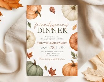 May include: A rectangular invitation card featuring watercolour pumpkins in orange, white, and sage green with autumn leaves. The text reads: friendsgiving DINNER, Please join us for a thanksgiving feast hosted by THE WILLIAMS FAMILY, NOV 23, 1 PM.