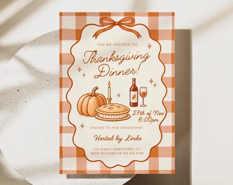 May include: A rectangular Thanksgiving dinner invitation card with an orange and white gingham border. The centre features a pumpkin, a pie, a candle, a wine bottle, and a glass. Text includes: You're invited to Thanksgiving Dinner, 27th of Nov 6:00pm, Cheers to our friendship, Hosted by Linda, 123 Maple Downtown, CA, RSVP to Linda at 123 345 6789.