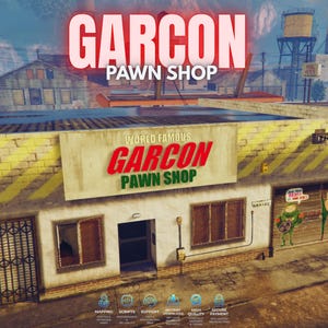 May include: A digital rendering of a building exterior labeled World Famous Garcon Pawn Shop. The structure features a beige facade, a metal security gate, a central entrance, and graffiti on the garage door. The text Garcon Pawn Shop appears prominently above the entrance and in the sky.