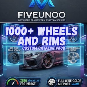 Może przedstawiać: Cyfrowy pakiet katalogowy z tekstem FIVEUNOO OPTIMIZED FRAMEWORK ASSETS & SCRIPTS oraz 1000+ WHEELS AND RIMS CUSTOM CATALOG PACK. Obraz przedstawia cztery różne style kół w świecących niebieskich pudełkach wokół szarego samochodu sportowego.