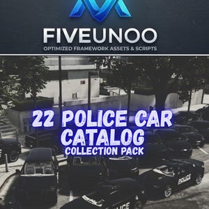 Könnte beinhalten: Eine digitale Grafik mit dem Logo FIVEUNOO OPTIMIZED FRAMEWORK ASSETS & SCRIPTS oben. Darunter ist der Text 22 POLICE CAR CATALOG COLLECTION PACK über einer Szene mit mehreren schwarzen Polizeifahrzeugen auf einem Parkplatz zu sehen.
