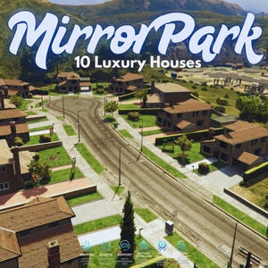 May include: A digital aerial view of a suburban neighbourhood featuring ten houses with brown roofs and green lawns. The text Mirror Park 10 Luxury Houses is displayed in large white script and sans-serif font at the top of the image.