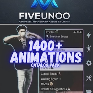 May include: A digital interface display for Fiveunoo Optimized Framework Assets & Scripts featuring a 1400+ Animations Catalog Pack. The screen shows a menu with Emotes, Search for Emotes, Cancel Emote, Walking Styles, Moods, and Credits & Suggestions.