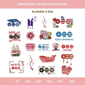 May include: A collection of machine embroidery designs in various styles. Designs include a whale with the word "Swim", the BTS logo, and cartoon characters. The text "Embroidery Design For Machine" is at the top.