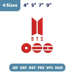 以下が含まれることがあります： 2 つの垂直な赤い形の下に「BTS」という文字が入った赤い BTS ロゴのデザイン。「ONE」という単語と 3 つの赤い円形が含まれています。画像には「4 サイズ」という文字と、10 cm、13 cm、18 cm、23 cm の寸法も含まれています。