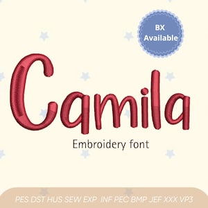 Puede incluir: Fuente bordada roja con el nombre "Camila" sobre un fondo crema. El texto "Embroidery font" está debajo. Un círculo azul con "BX Available" está en la esquina superior derecha. Adecuado para proyectos de bordado.
