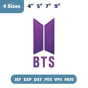 May include: Purple embroidered patch featuring the letters "BTS" below a stylized emblem. The patch is available in 4 sizes: 4", 5", 7", and 9". The patch also includes the text "JEF EXP DST PES VP3 HUS".
