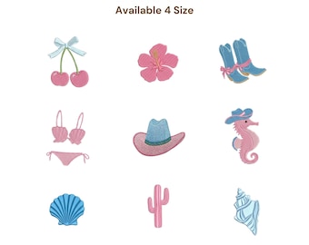 Paquete de diseños de bordado con ambiente veraniego costero, bordado de iconos del oeste, sombrero de vaquera, botas, tabla de surf, cactus, mini iconos playeros del oeste.