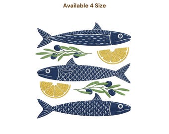 Diseño de bordado de sardina vintage, archivo de peces retro, patrón inspirado en la comida mediterránea, diseño inspirado en la estética costera, amantes de las sardinas.