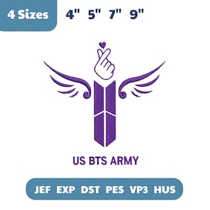 May include: A purple and white embroidered design featuring a hand making a heart shape, wings, and a central geometric shape. The text "US BTS ARMY" is below the design. The image also includes the text "4 Sizes" and the measurements 4", 5", 7", and 9".