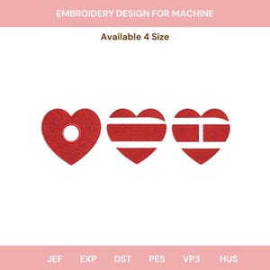 Op de afbeelding: Rode hart borduurontwerpen voor machinaal gebruik. De afbeelding toont drie verschillende hartontwerpen, één met een gat in het midden en twee met gesegmenteerde ontwerpen. De tekst "Embroidery Design for Machine" en "Available 4 Size" staat bovenaan.