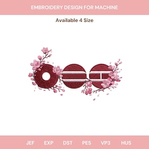 May include: Machine embroidery design featuring three maroon circles with white stripes and a central hole, adorned with pink cherry blossoms. The text "Embroidery Design for Machine" and "Available 4 Size" are at the top.