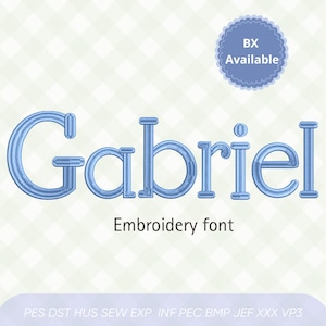 Puede incluir: Texto bordado en azul claro con el nombre "Gabriel" y las palabras "Embroidery font" debajo. Un círculo azul con el texto "BX Available" está en la esquina superior derecha. El fondo es un patrón de cuadros azul claro y blanco.
