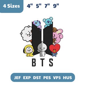 以下が含まれることがあります： BTSのロゴと漫画のキャラクターが描かれた刺繍パッチ。デザインには黒色の「BTS」の文字が含まれており、上部に10 cm、13 cm、18 cm、23 cmのサイズが表示されています。パッチは白い背景にあります。