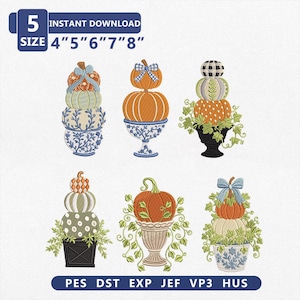 Pacote de Bordados de Abóboras Topiárias, Coleção de Decoração de Outono para Varanda, Arquivo de Bordado à Máquina com Tema Chinoiserie para Vasos de Plantas de Outono, Download Instantâneo