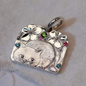 Pure Silver Cat-in-a-Box Necklace,Square Lock Pendant,Natural Diopside & Spinel Gemstone Kitty Necklace,Cat lover Necklace,Cat Memorial Gift