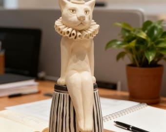 Handmade Clown Cat Figurine | Whimsical Cat Sculpture Home Décor | Cute Animal Ornament Gift | Artisan Clay Collectible for Desk or Shelf