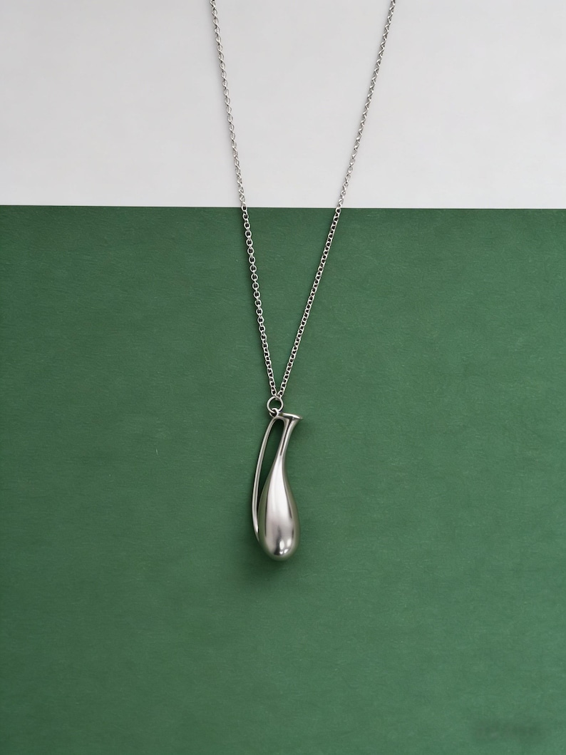 Elegant Fine Silver Vase Pendant Necklace – 925 Silver Long Chain | Unisex Necklace,Minimalist Designer Jewelry,Mother's day Gift image 1