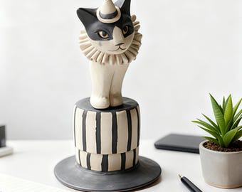 Handmade Clay Cat Circus Clown Figurine,Folk Art Mantel Decor,Feline Sculpture,whimsical animal figurine,cute cat ornament for desk or shelf