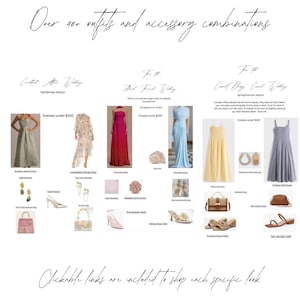 Peut inclure: Image présentant des combinaisons de tenues et d'accessoires pour diverses occasions. Comprend des robes, des sacs, des chaussures et des bijoux. Des textes indiquent des thèmes de tenues comme "Fall/Winter Edition" et "Beach Formal Wedding".