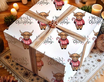 Naadloos inpakpapier hooglanders: kerstkoe hoogwaardig cadeaupapier