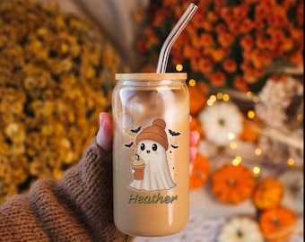 Personalized Ghost Can Glass: Iced Coffee Cup with Lid & Straw