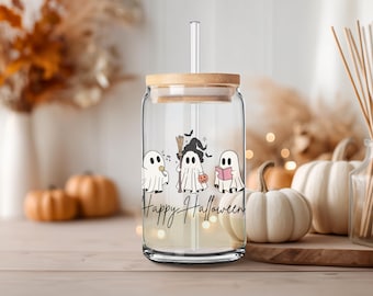 Halloween Ghost Can Cup: 16oz Iced Coffee Glass with Lid & Straw