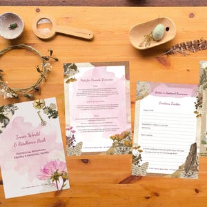 May include: An overhead shot of a wooden table with various items. A journal titled "Inner World & Resilience Pack" is visible, along with several worksheets, a magnifying glass, a small bowl, a decorative wreath, and a wooden tray with an egg-shaped object.