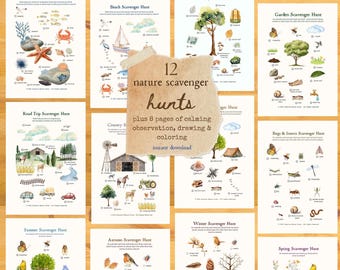 Búsquedas del tesoro de la naturaleza para niños: 12 imprimibles temáticos (descarga digital)